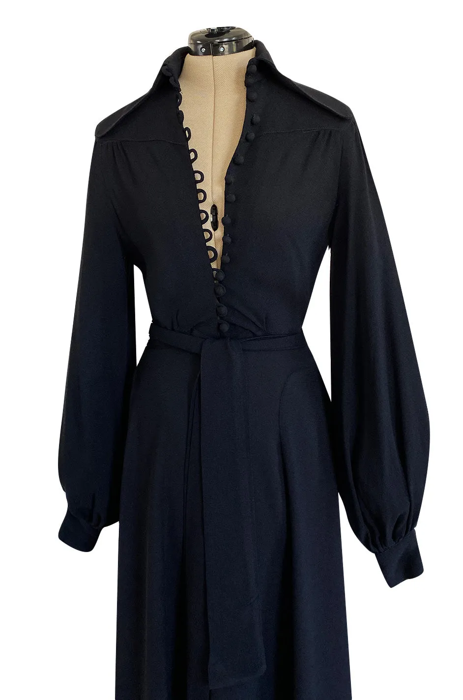 c.1969 Ossie Clark Black Moss Crepe Dress w Bishop Sleeves, Button Front & Dog Ear Collar