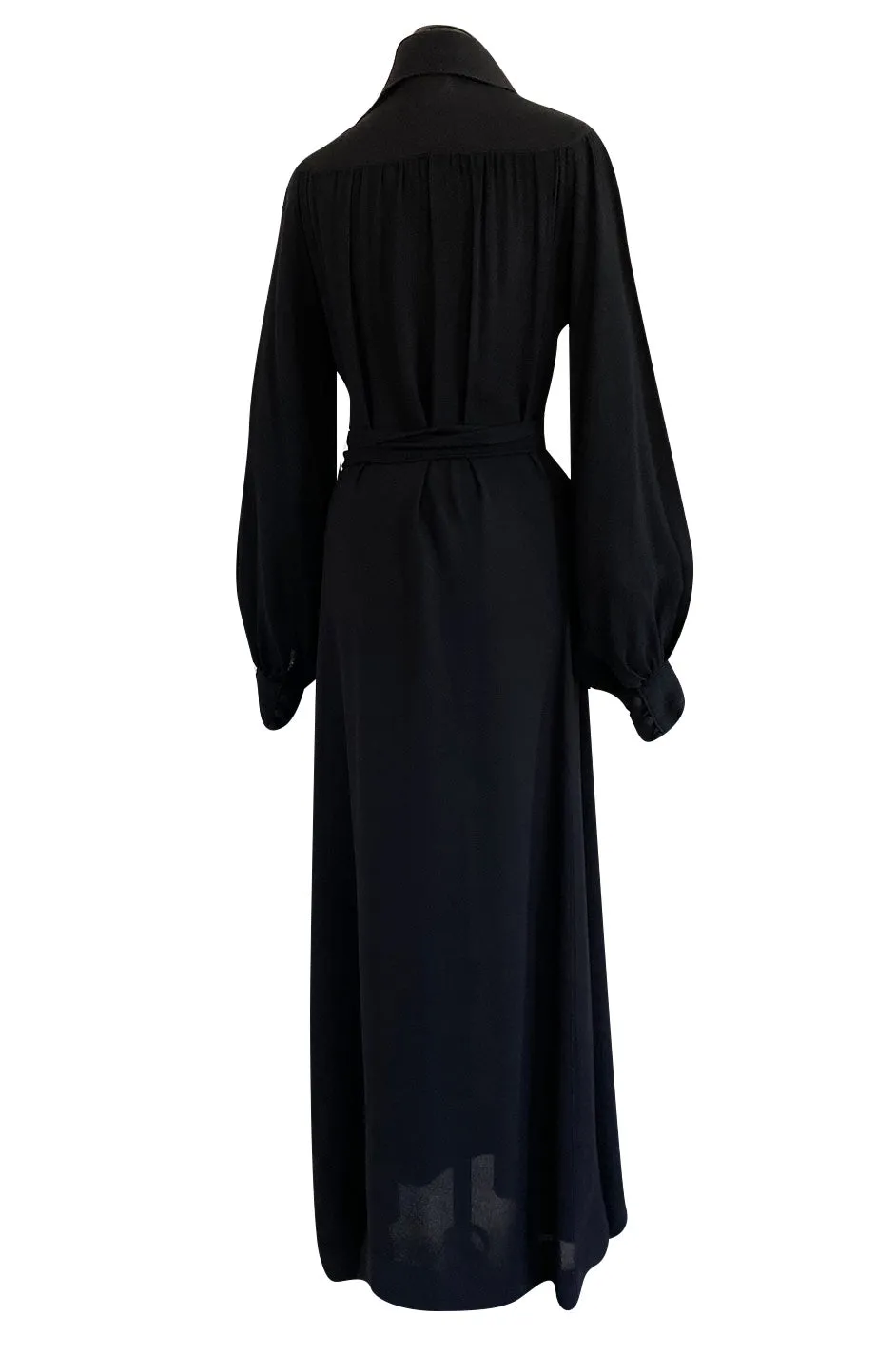 c.1969 Ossie Clark Black Moss Crepe Dress w Bishop Sleeves, Button Front & Dog Ear Collar