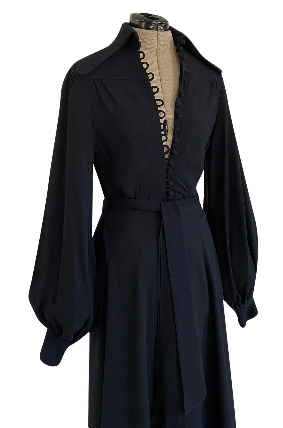 c.1969 Ossie Clark Black Moss Crepe Dress w Bishop Sleeves, Button Front & Dog Ear Collar