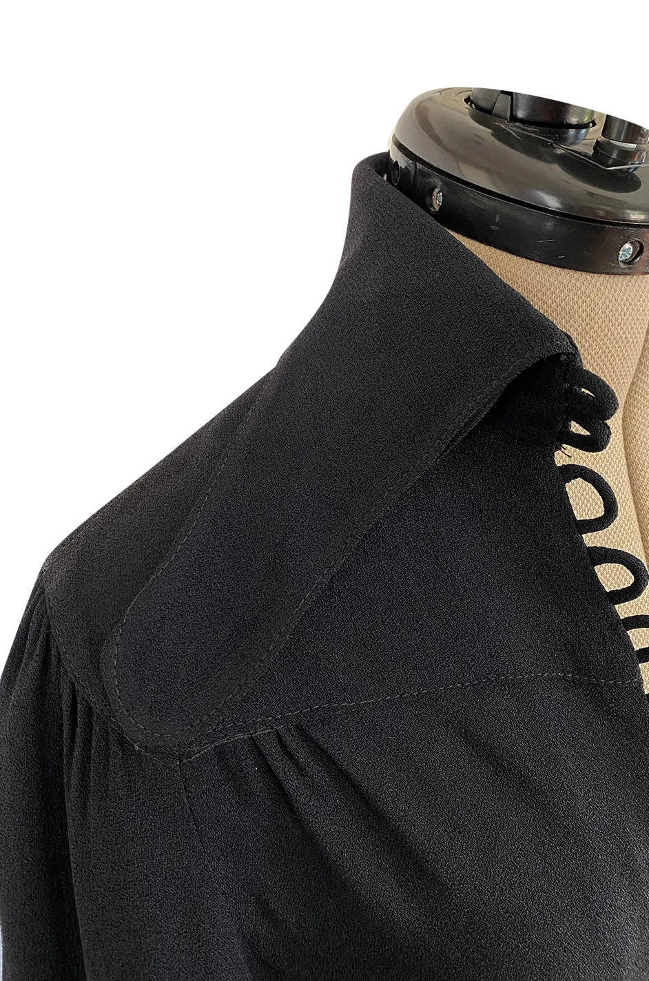 c.1969 Ossie Clark Black Moss Crepe Dress w Bishop Sleeves, Button Front & Dog Ear Collar
