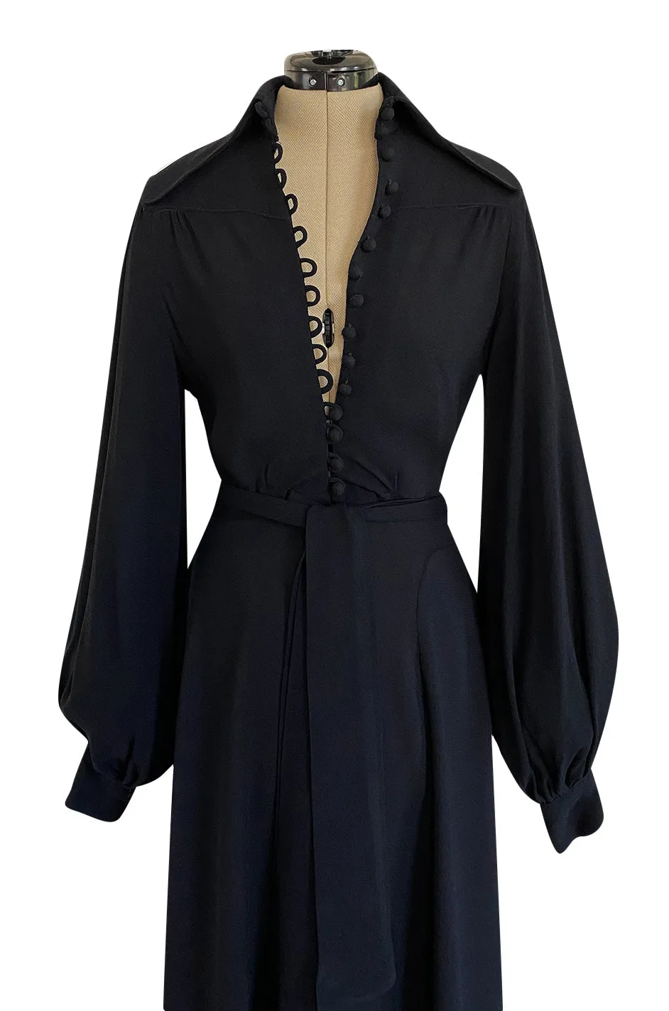 c.1969 Ossie Clark Black Moss Crepe Dress w Bishop Sleeves, Button Front & Dog Ear Collar
