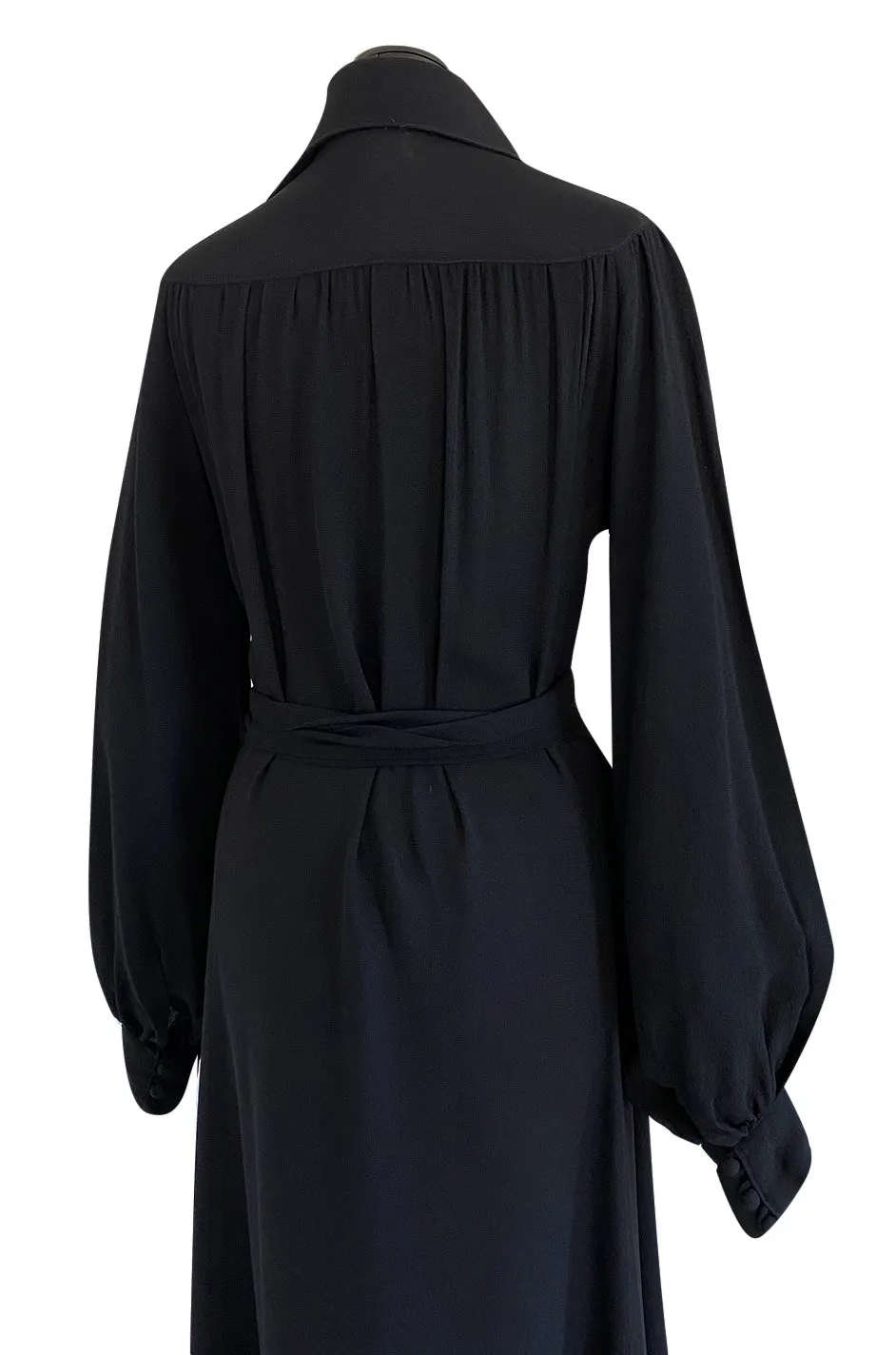 c.1969 Ossie Clark Black Moss Crepe Dress w Bishop Sleeves, Button Front & Dog Ear Collar