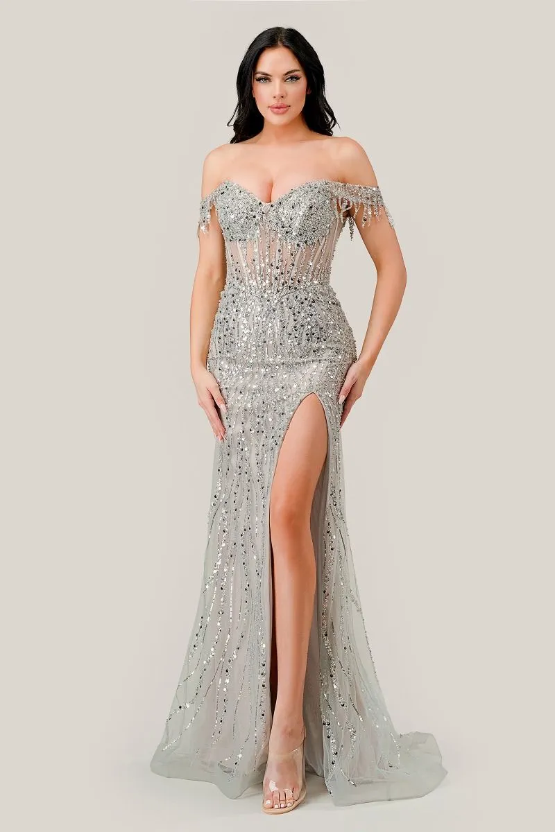 CD CD0203 - Off the Shoulder Glitter Print Fit & Flare Prom Gown with Sheer Boned Corset Bodice & Leg Slit
