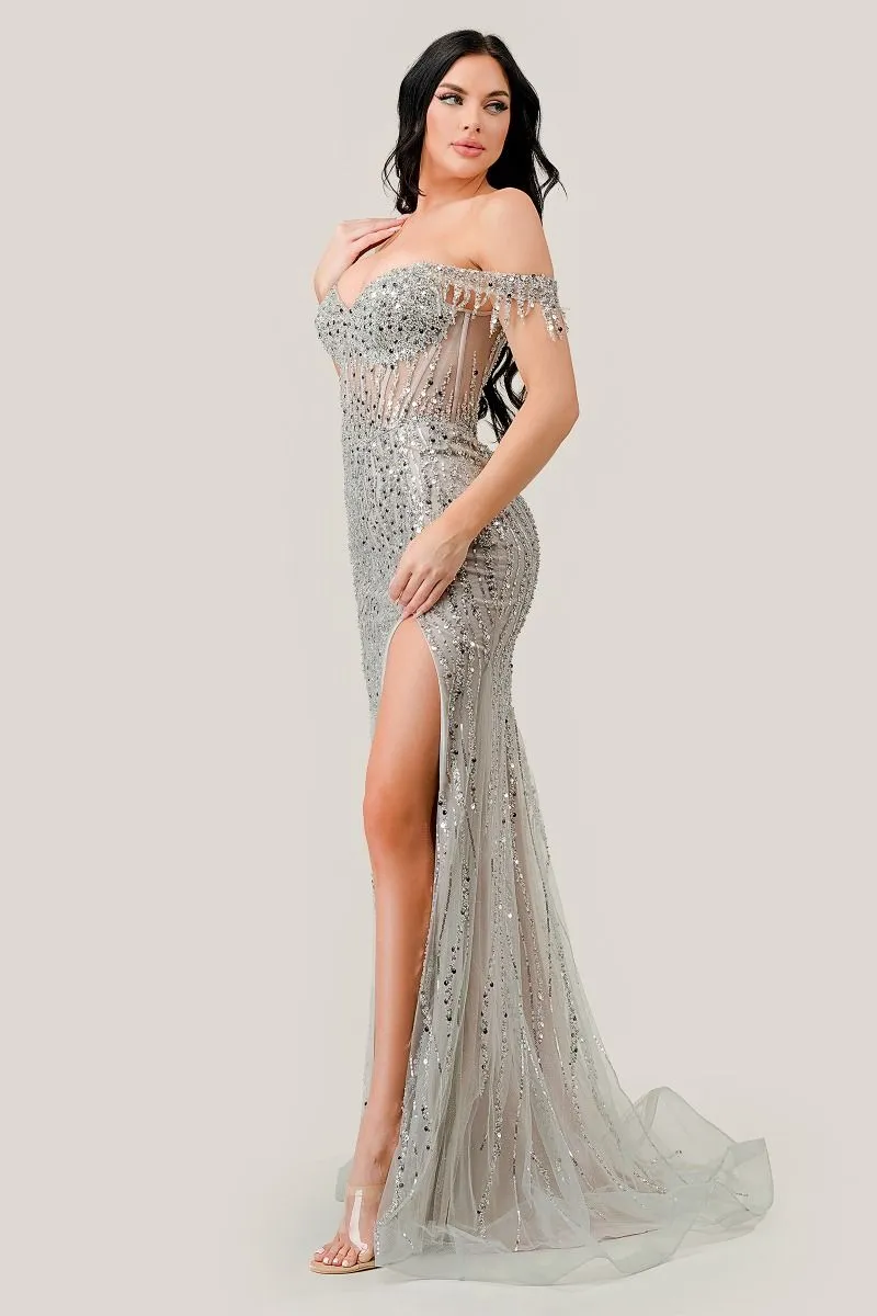 CD CD0203 - Off the Shoulder Glitter Print Fit & Flare Prom Gown with Sheer Boned Corset Bodice & Leg Slit