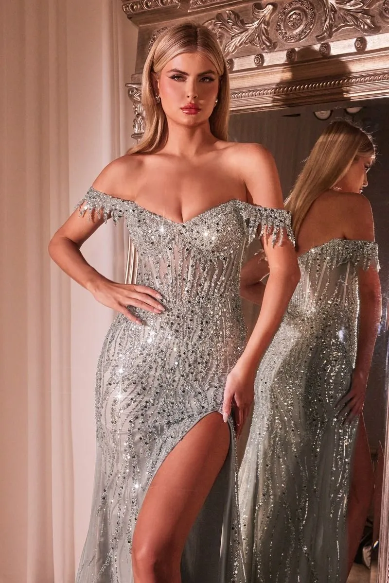 CD CD0203 - Off the Shoulder Glitter Print Fit & Flare Prom Gown with Sheer Boned Corset Bodice & Leg Slit