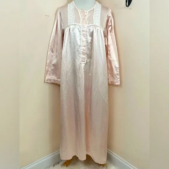 Christian Dior Vintage 80s Baby Pink Satin Lace Victorian Style Maxi Nightgown L