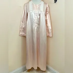 Christian Dior Vintage 80s Baby Pink Satin Lace Victorian Style Maxi Nightgown L