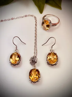 Citrine Jewelry Set, Natural or Simulated Gemstones, Edwardian Set of Yellow Earrings, Pendant & Ring #S70z