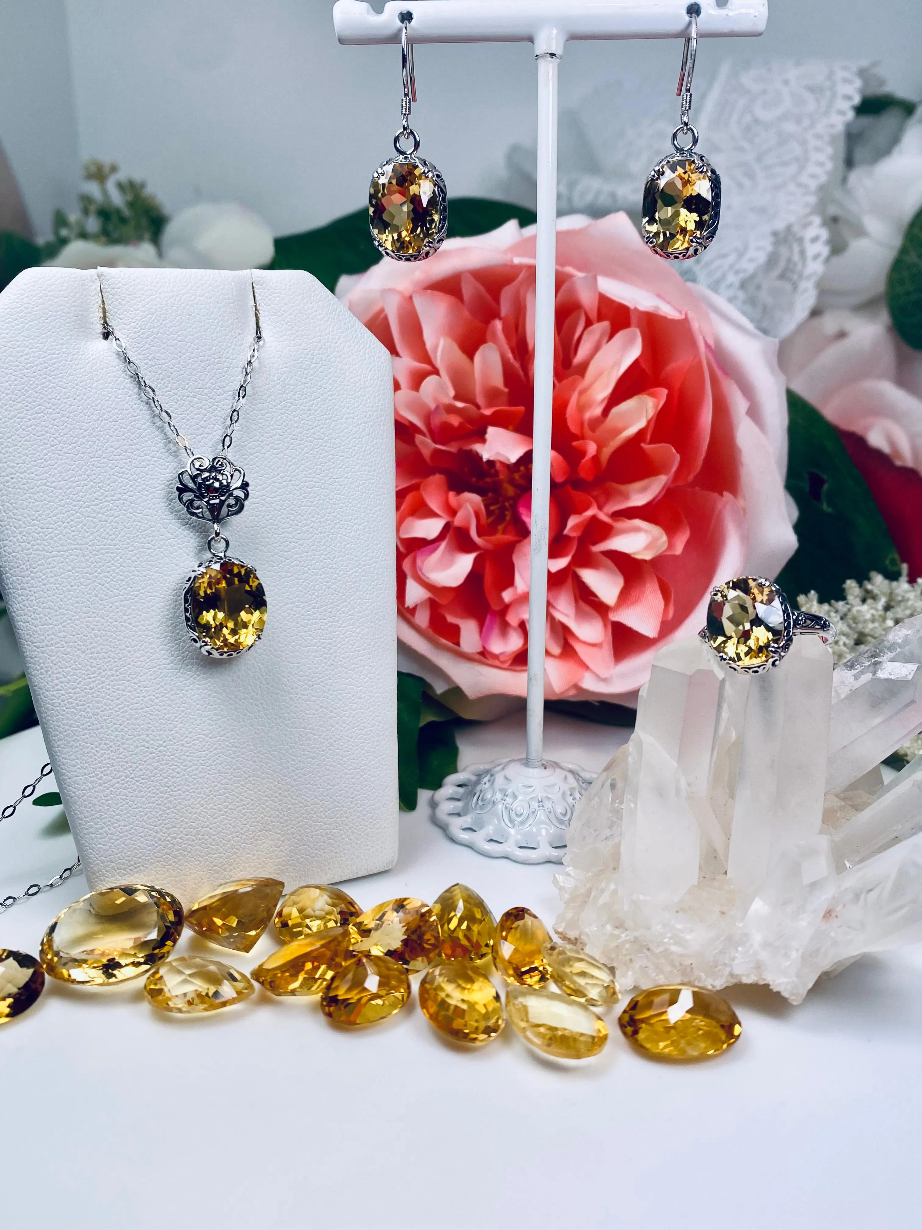 Citrine Jewelry Set, Natural or Simulated Gemstones, Edwardian Set of Yellow Earrings, Pendant & Ring #S70z