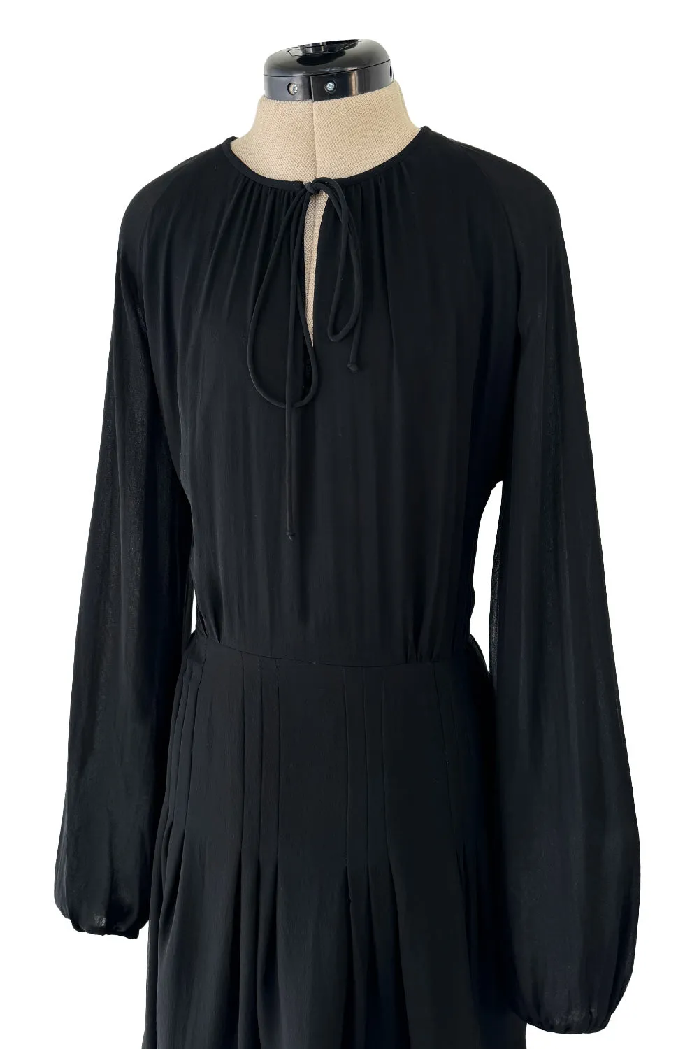 Classic 1970s Michael Novarese Black Silk Chiffon Dress w Balloon Sleeves & Pleating Details