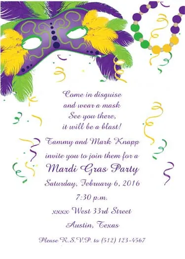 CORNER FEATHERED MARDI GRAS MASK CUSTOM INVITATION