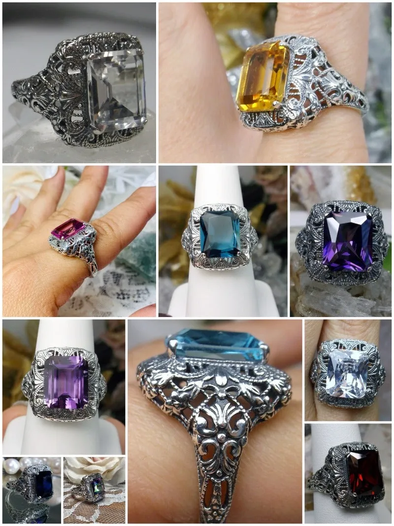 D149, Intricate Victorian Ring, 6ct Rectangle Gem, Victorian Jewelry #D149
