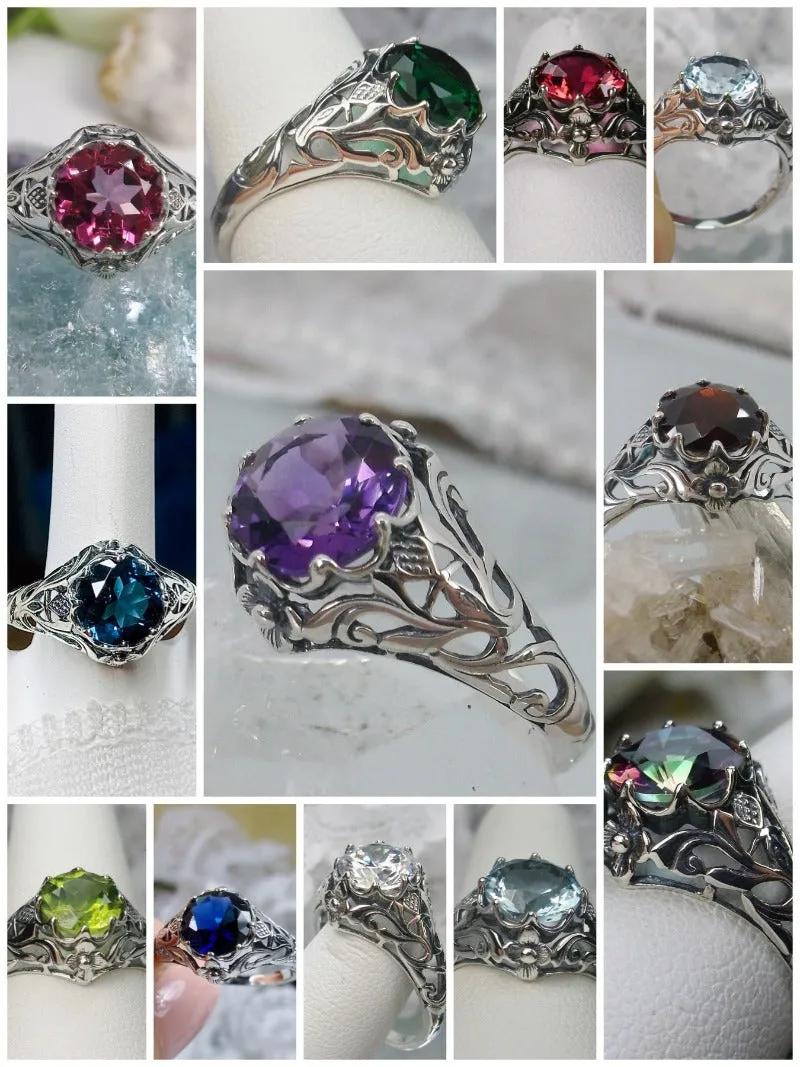 D66, Daisy Ring, Natural or Simulated Gemstone, Sterling Silver Filigree Victorian Jewelry #D66