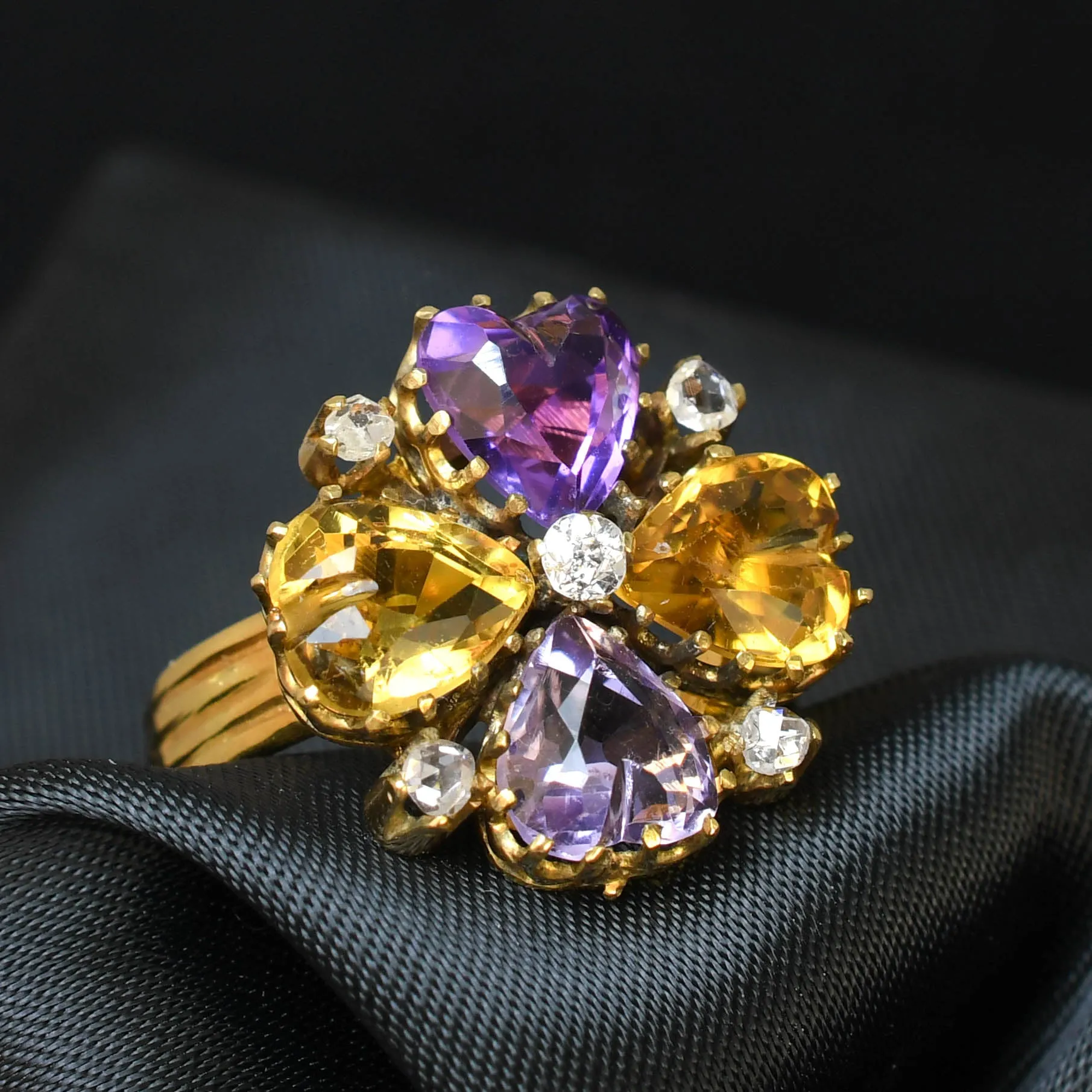 Early Victorian Amethyst, Citrine & Diamond Pansy Heart Ring