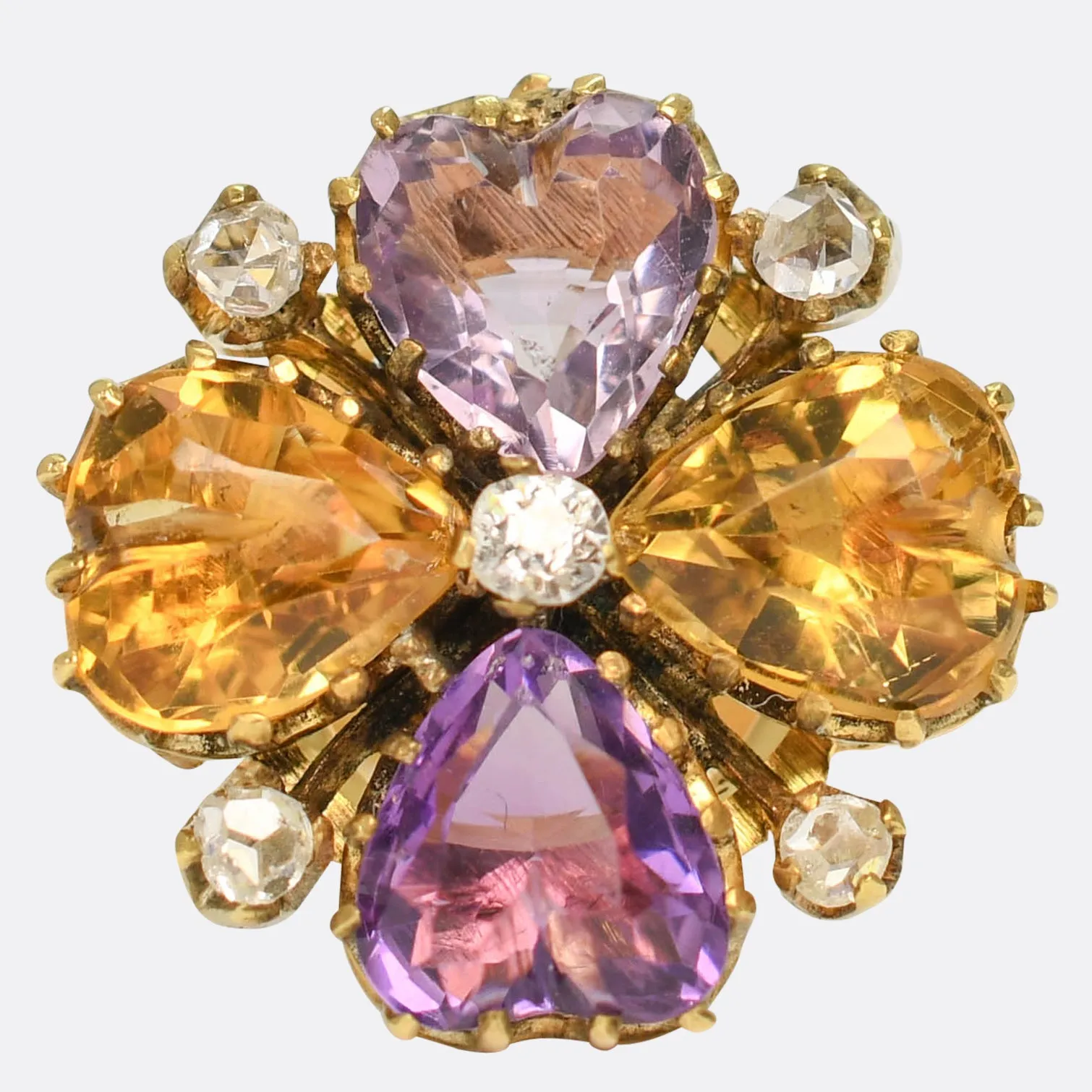 Early Victorian Amethyst, Citrine & Diamond Pansy Heart Ring