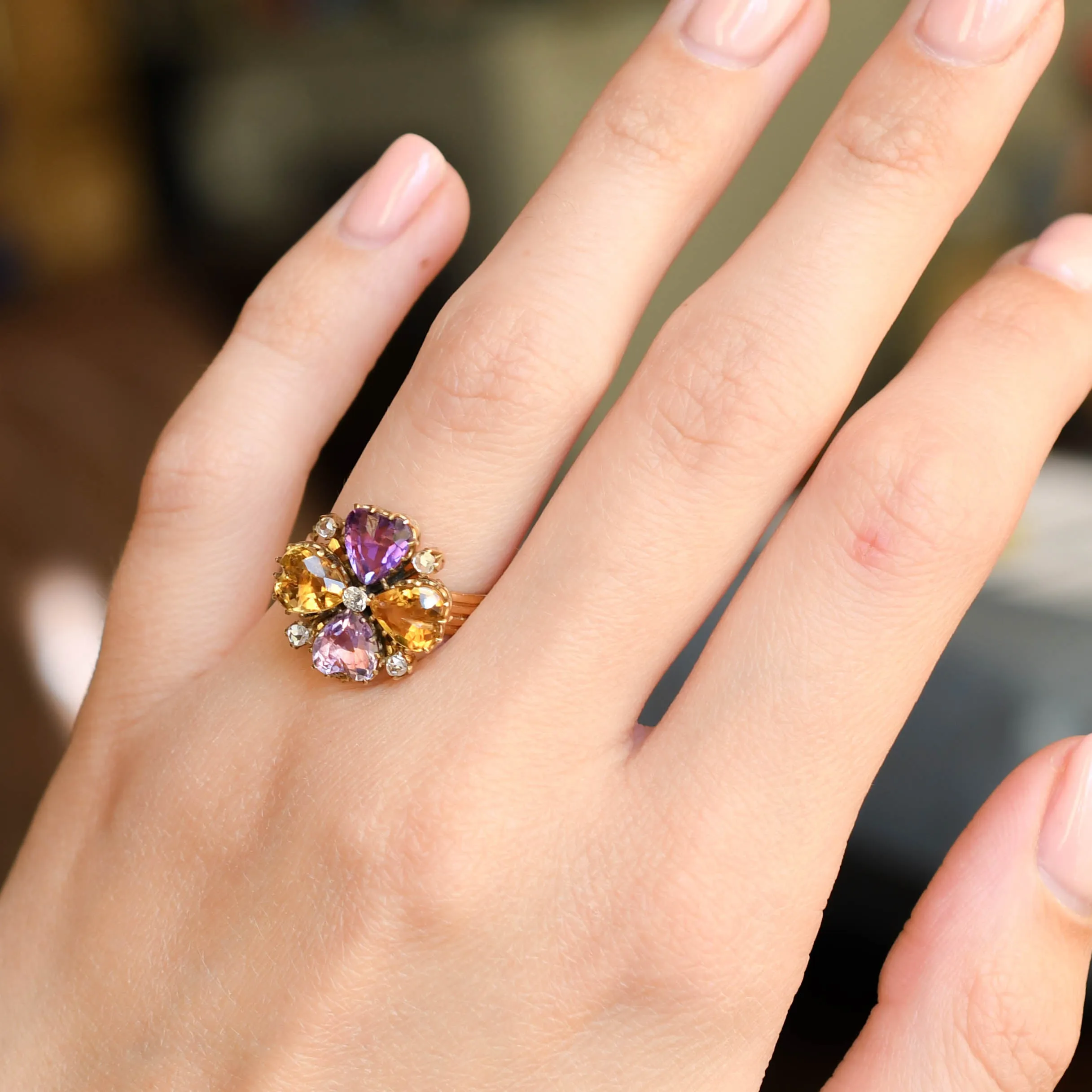 Early Victorian Amethyst, Citrine & Diamond Pansy Heart Ring