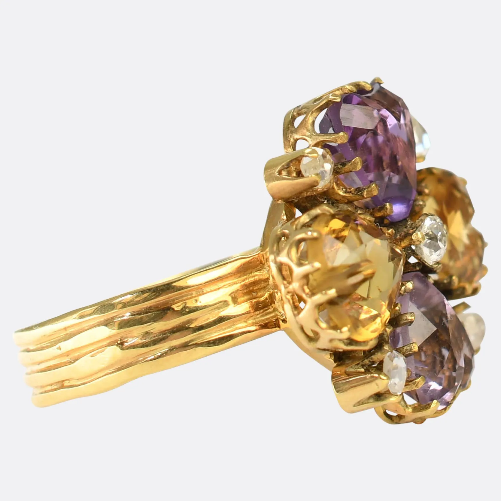 Early Victorian Amethyst, Citrine & Diamond Pansy Heart Ring