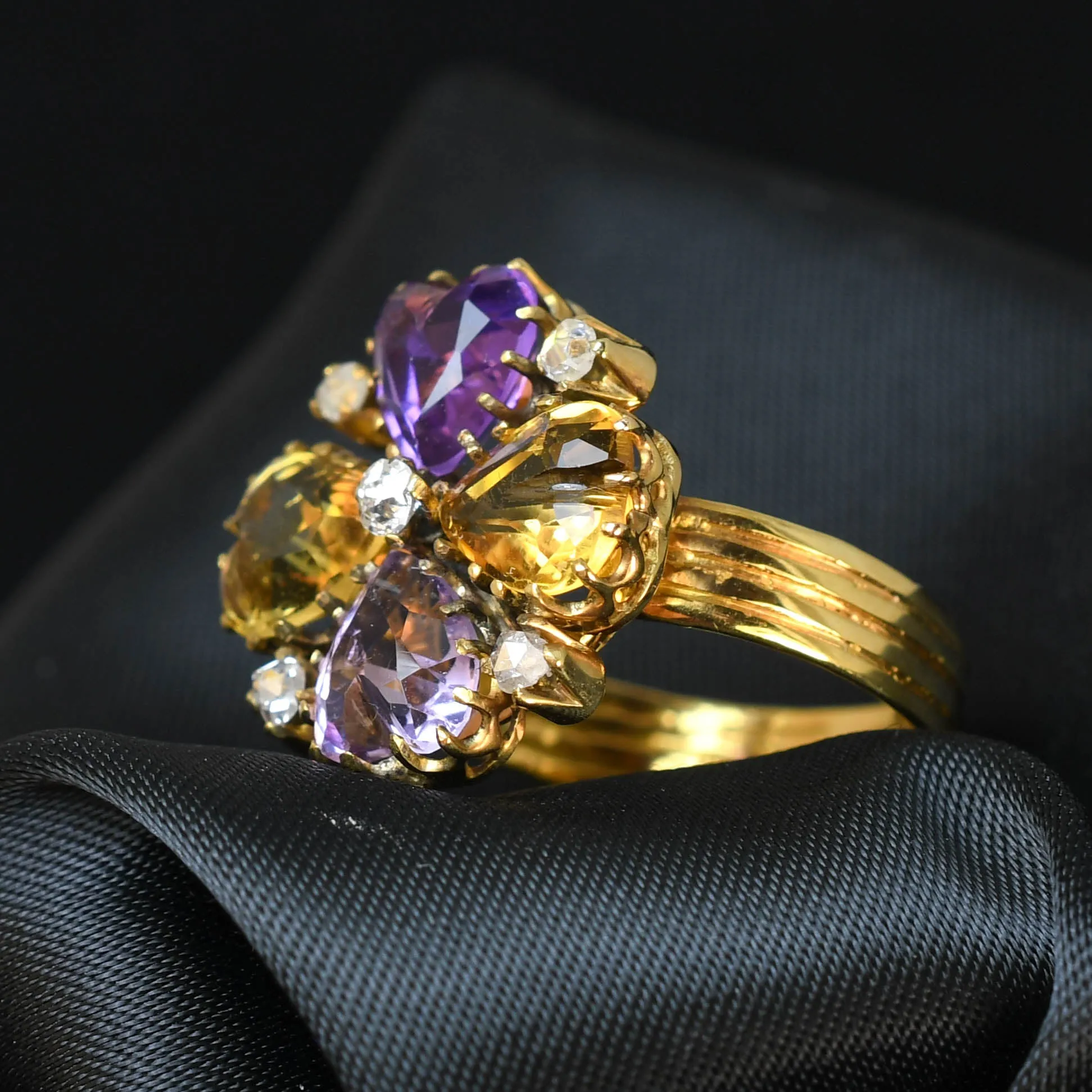 Early Victorian Amethyst, Citrine & Diamond Pansy Heart Ring