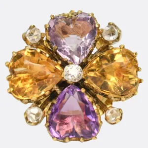 Early Victorian Amethyst, Citrine & Diamond Pansy Heart Ring