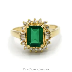 Emerald Cut Emerald Ring with Round and Baguette Diamond Halo in 14k Yellow Gold