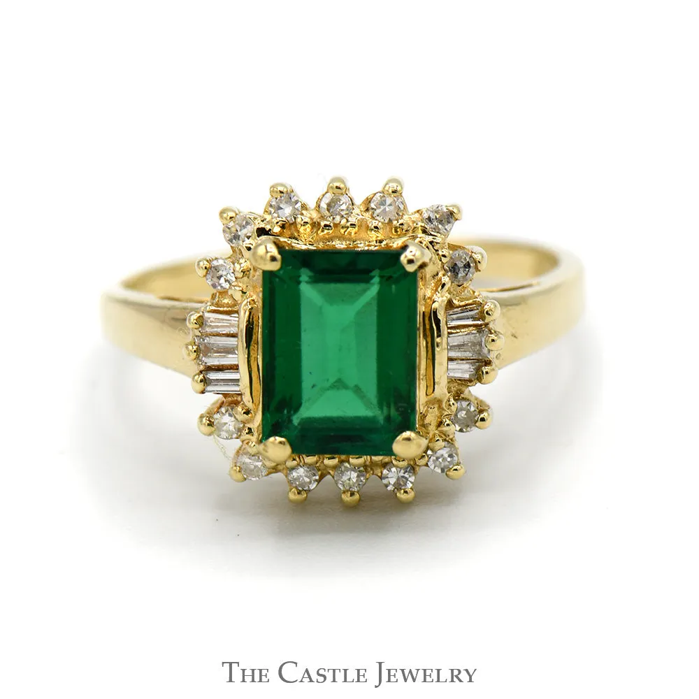 Emerald Cut Emerald Ring with Round and Baguette Diamond Halo in 14k Yellow Gold