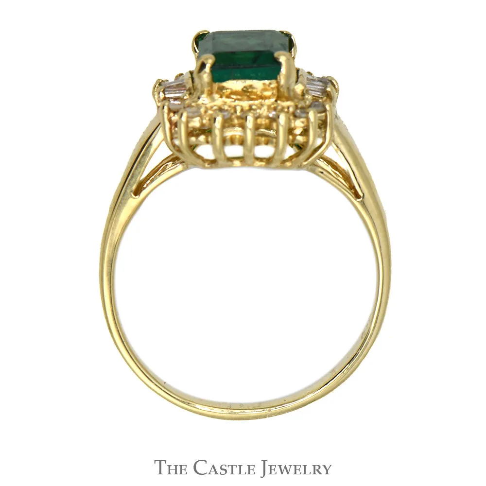 Emerald Cut Emerald Ring with Round and Baguette Diamond Halo in 14k Yellow Gold
