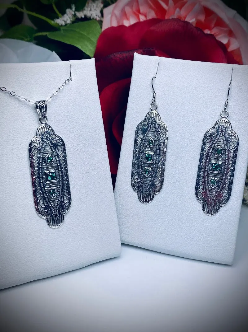 Emerald Earrings & Pendant Set, Simulated or Natural Gemstones, Angel Wings Vintage Revival Jewelry #S359