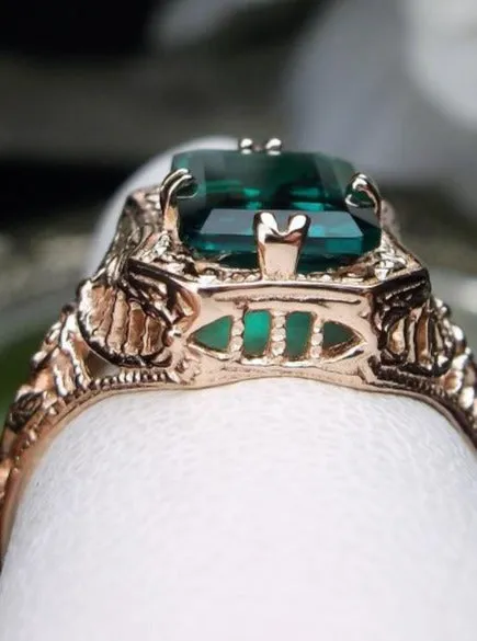 Emerald Ring, 14K or 10K Gold, Lovely Rectangle Edwardian Jewelry #D148