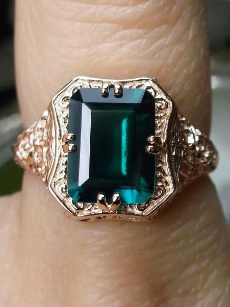 Emerald Ring, 14K or 10K Gold, Lovely Rectangle Edwardian Jewelry #D148
