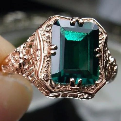 Emerald Ring, 14K or 10K Gold, Lovely Rectangle Edwardian Jewelry #D148