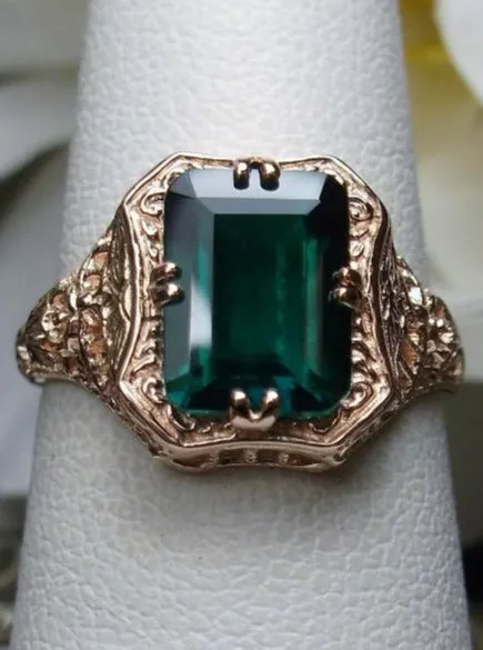 Emerald Ring, 14K or 10K Gold, Lovely Rectangle Edwardian Jewelry #D148