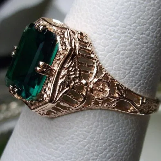 Emerald Ring, 14K or 10K Gold, Lovely Rectangle Edwardian Jewelry #D148