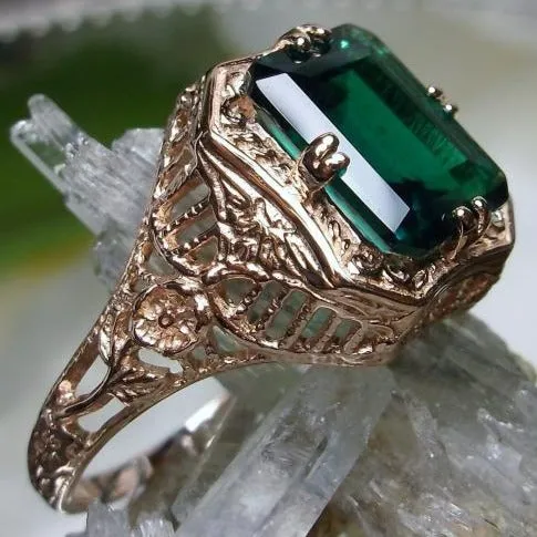 Emerald Ring, 14K or 10K Gold, Lovely Rectangle Edwardian Jewelry #D148