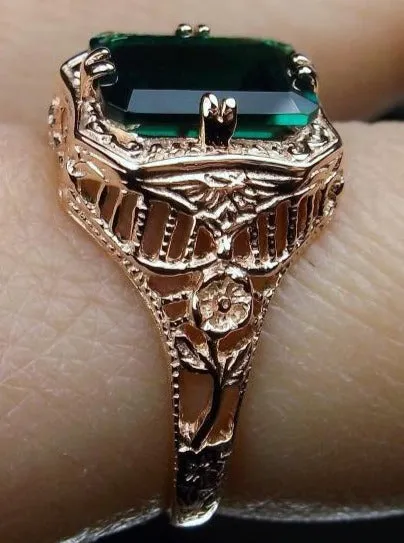 Emerald Ring, 14K or 10K Gold, Lovely Rectangle Edwardian Jewelry #D148