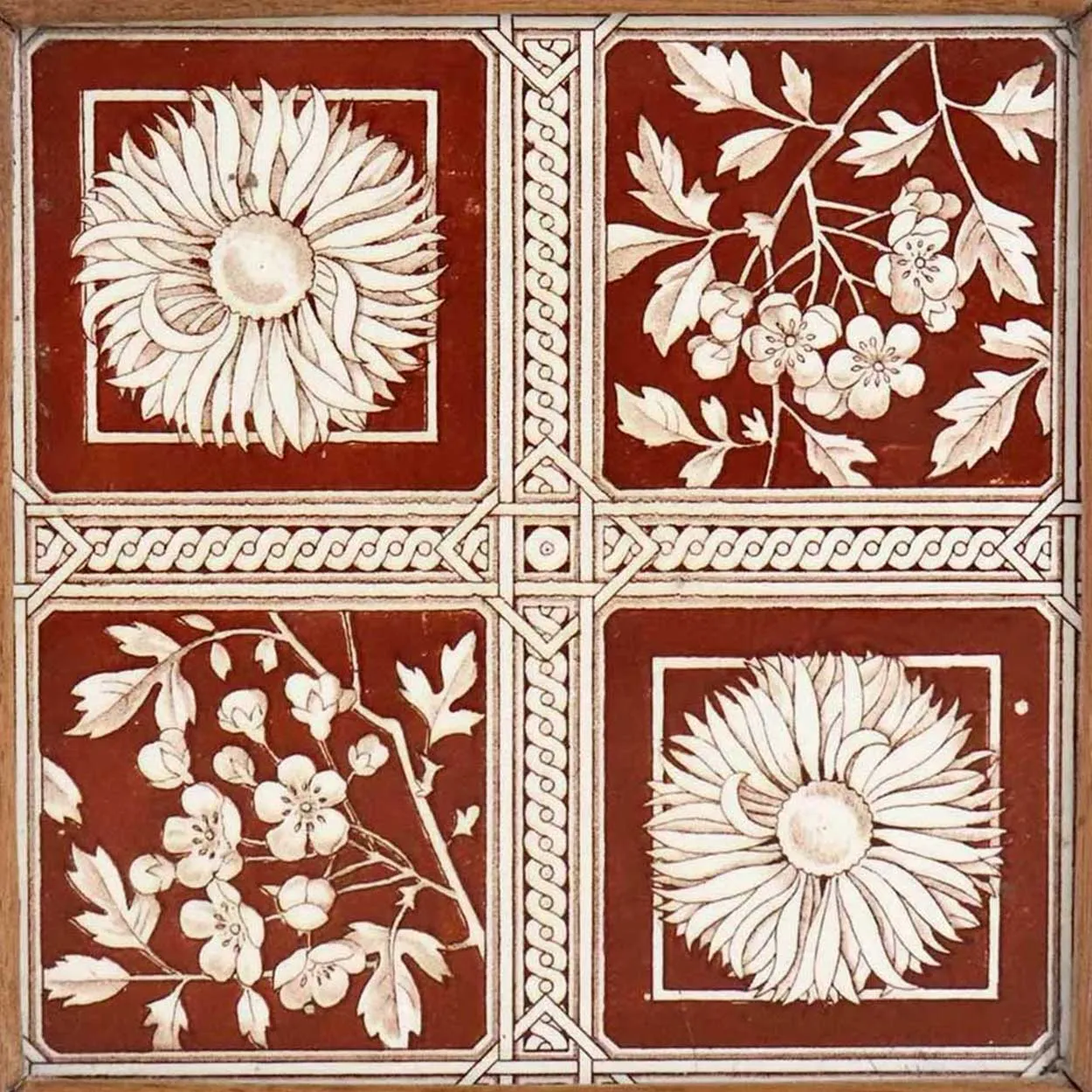 English Aesthetic Movement Teak Framed Pottery Botanical Tile