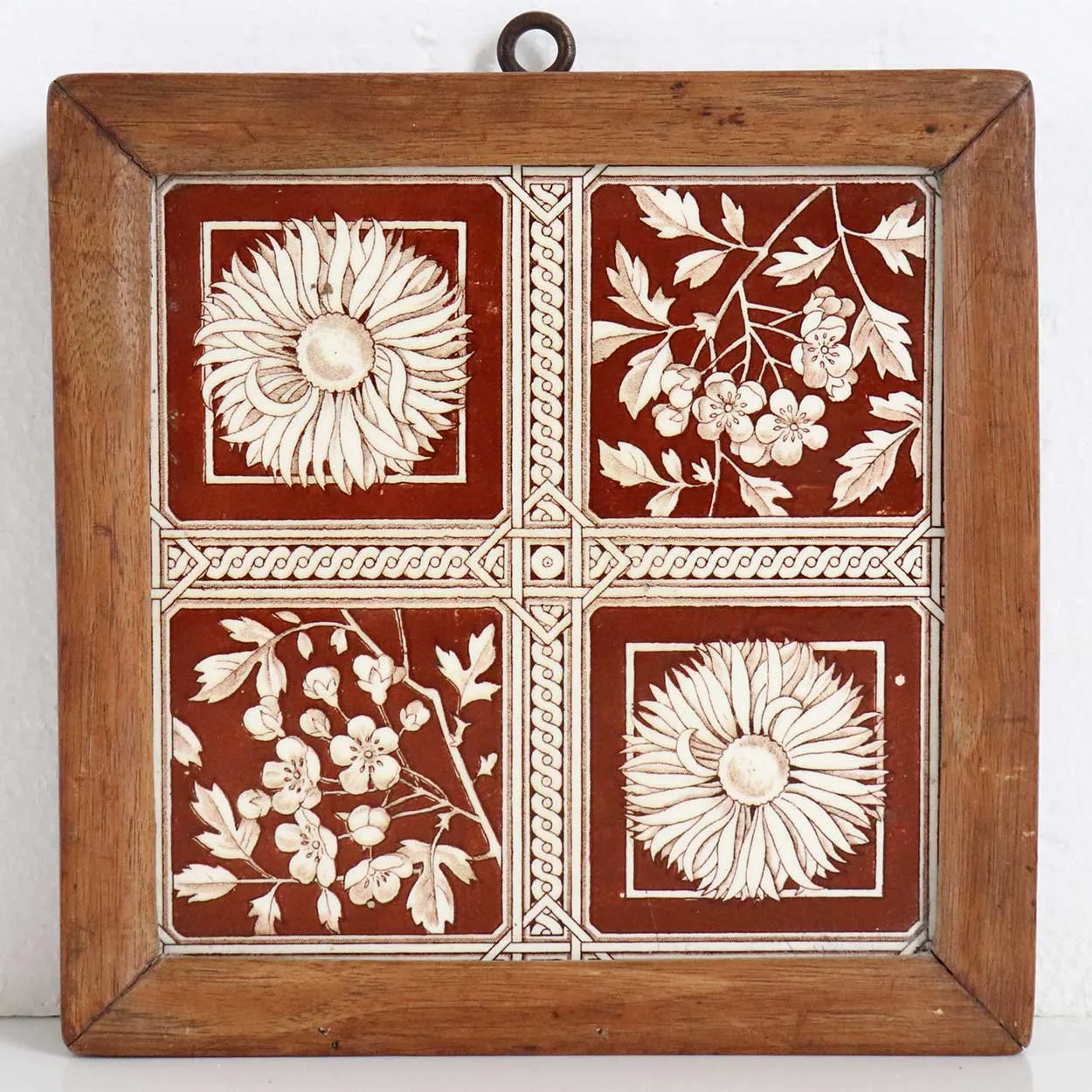 English Aesthetic Movement Teak Framed Pottery Botanical Tile