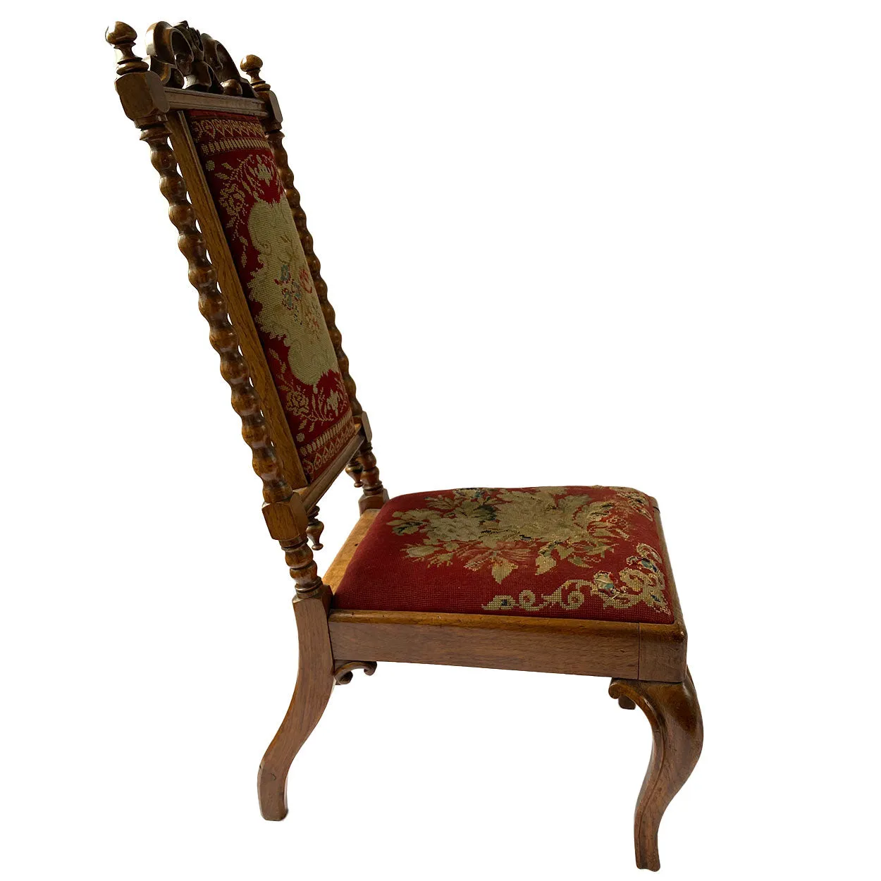 English Jacobean Revival Needlework Upholstered Oak Low Child's Side Chair