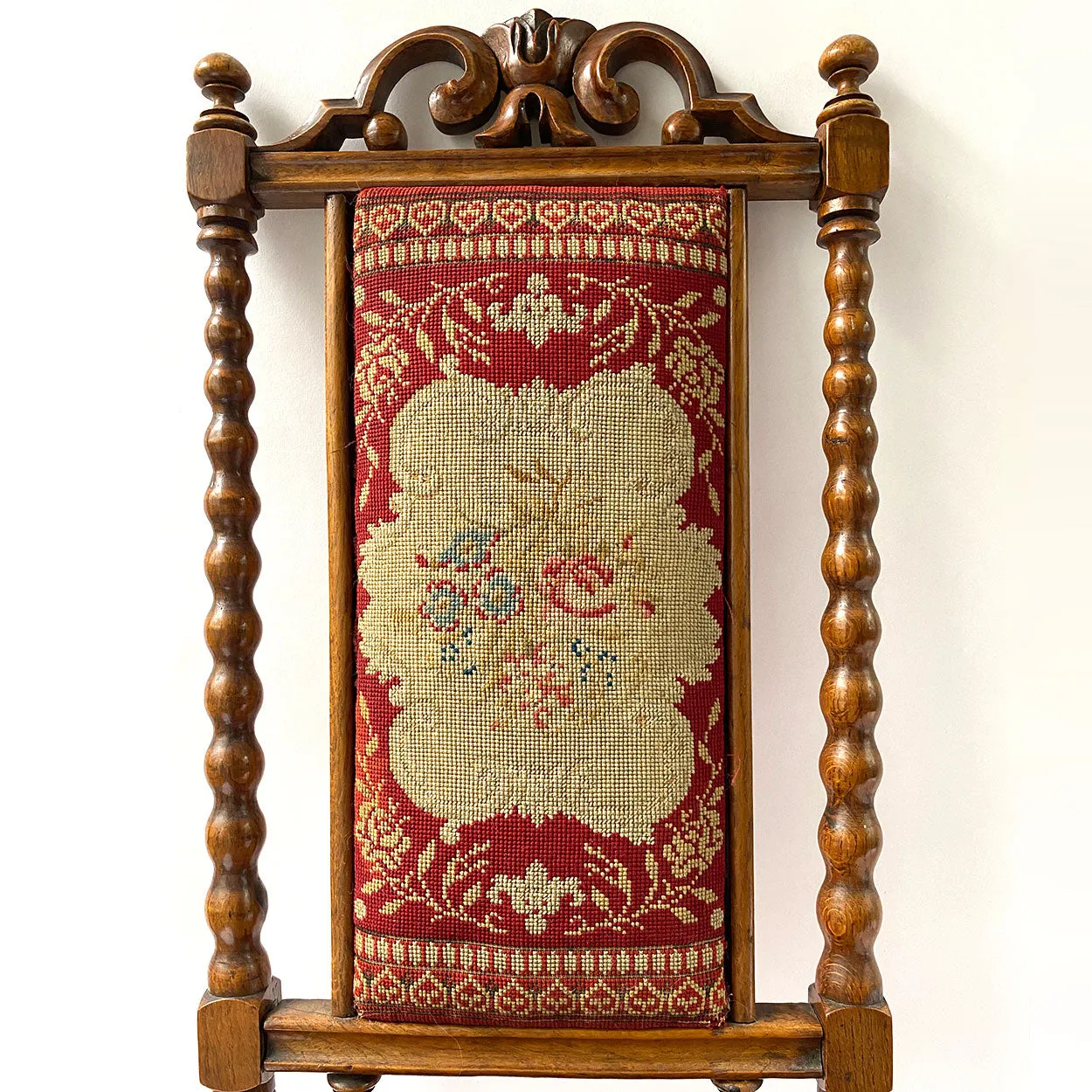 English Jacobean Revival Needlework Upholstered Oak Low Child's Side Chair