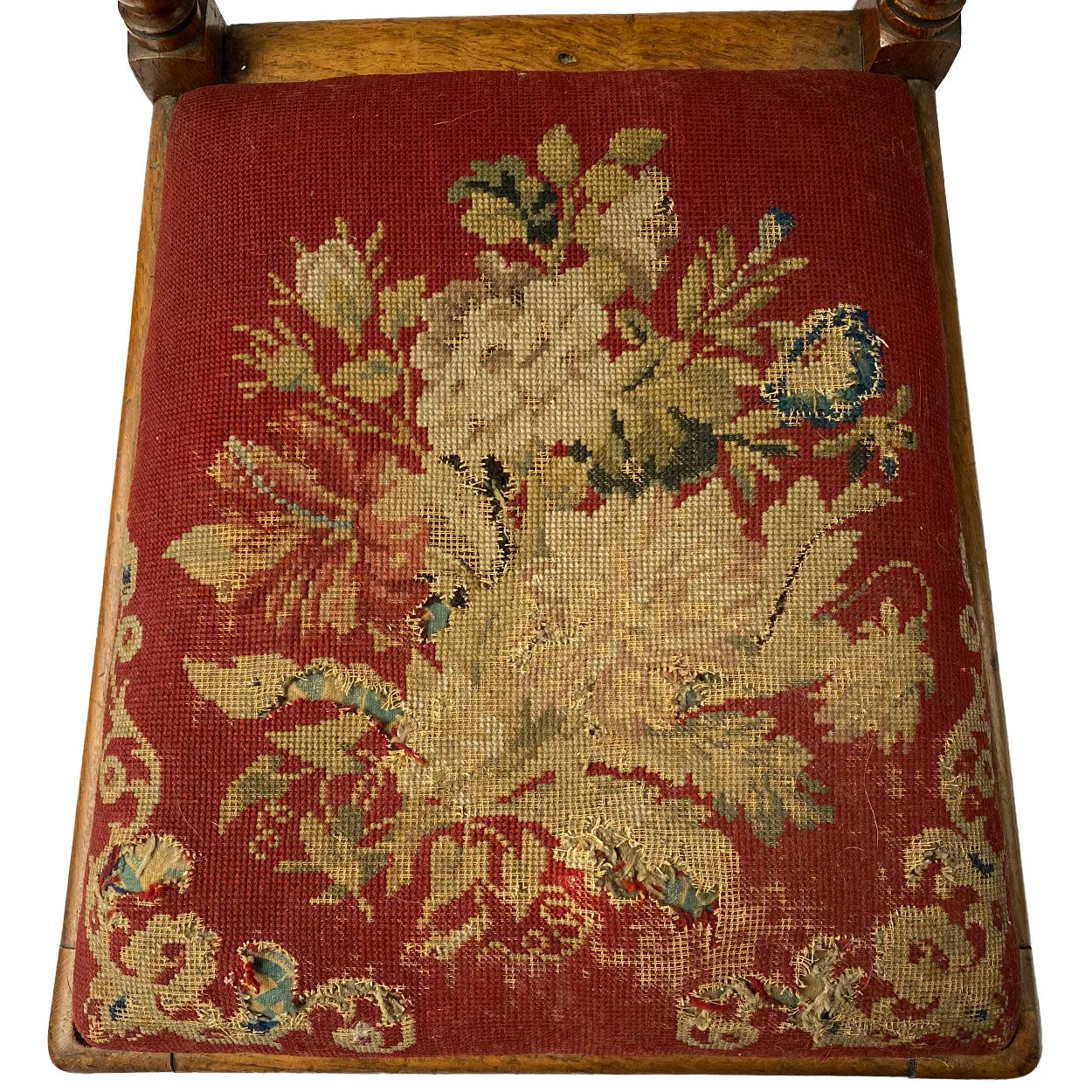 English Jacobean Revival Needlework Upholstered Oak Low Child's Side Chair