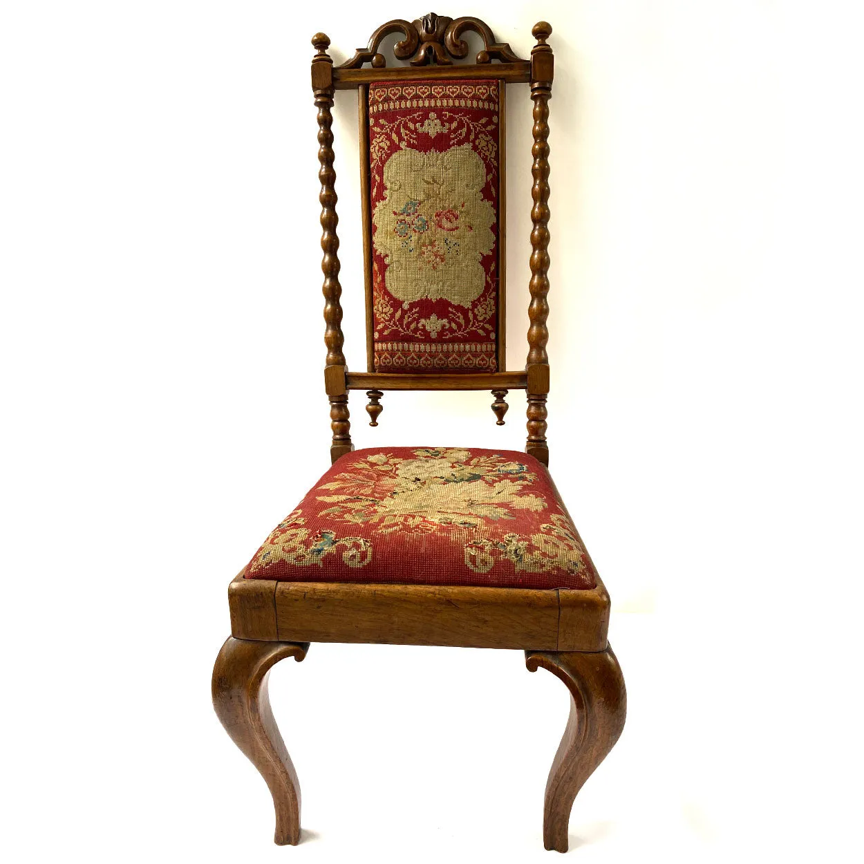 English Jacobean Revival Needlework Upholstered Oak Low Child's Side Chair