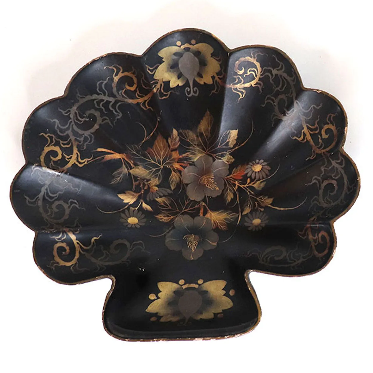 English Papier-Mache Black and Gold Lacquer Shell Tray