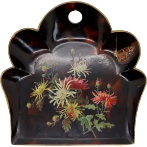 English Papier-Mache Black Lacquer Floral and Butterfly Crumb Tray