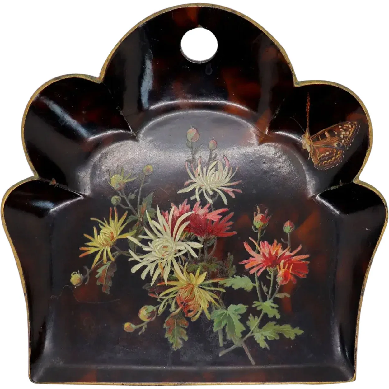 English Papier-Mache Black Lacquer Floral and Butterfly Crumb Tray