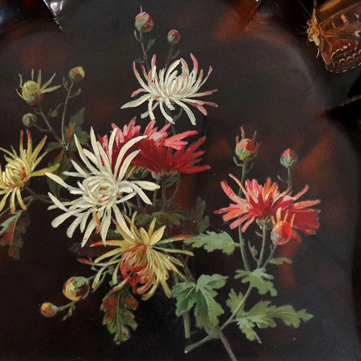 English Papier-Mache Black Lacquer Floral and Butterfly Crumb Tray
