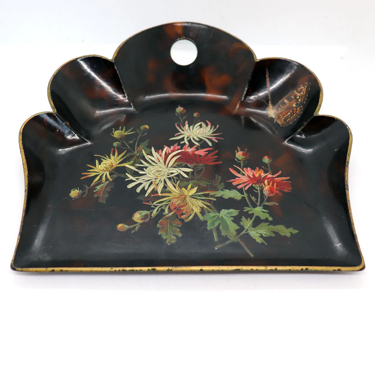 English Papier-Mache Black Lacquer Floral and Butterfly Crumb Tray