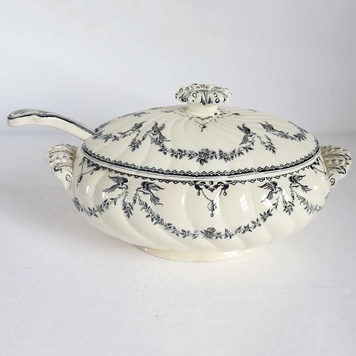 English Powell, Bishop & Stonier Transferware Pottery Clarendon Tureen and Ladle