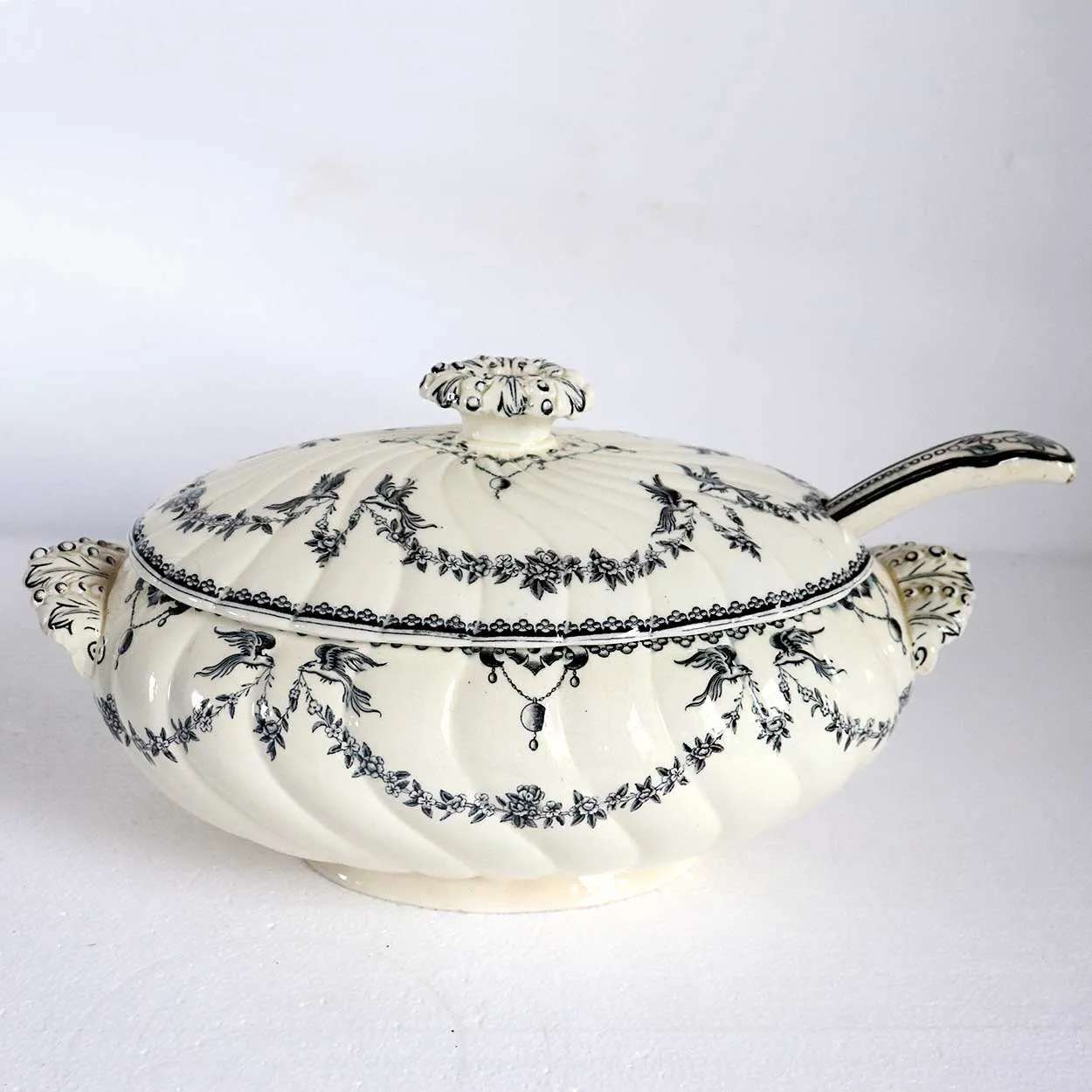 English Powell, Bishop & Stonier Transferware Pottery Clarendon Tureen and Ladle
