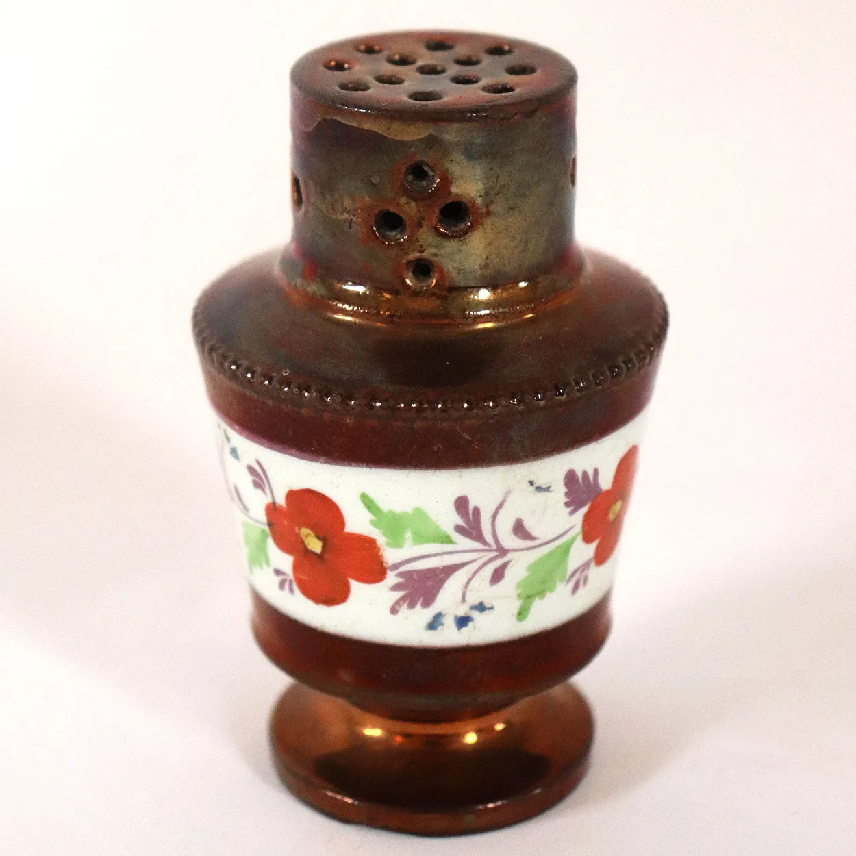 English Staffordshire Copper Luster Pottery Pepper Shaker / Sugar Caster