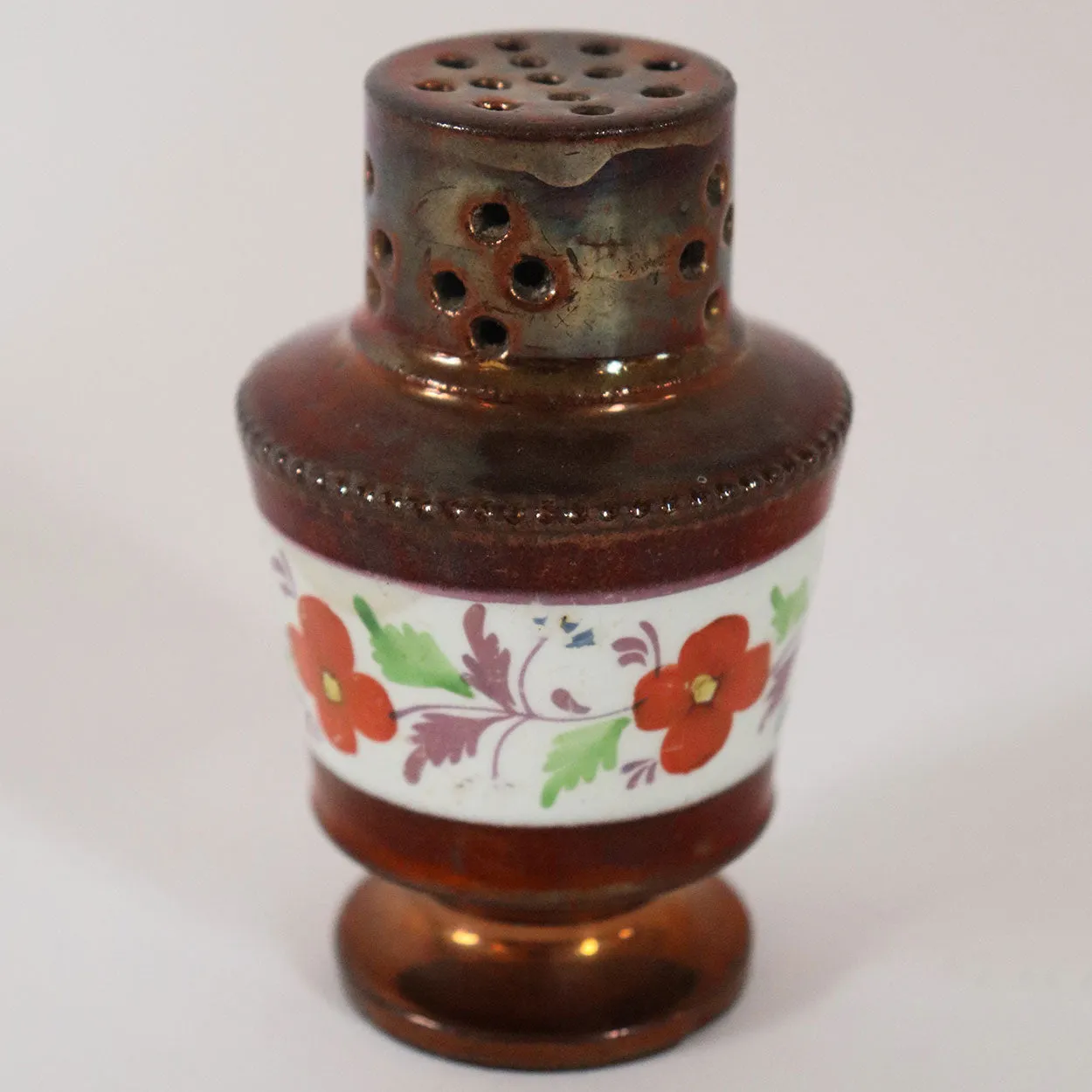 English Staffordshire Copper Luster Pottery Pepper Shaker / Sugar Caster