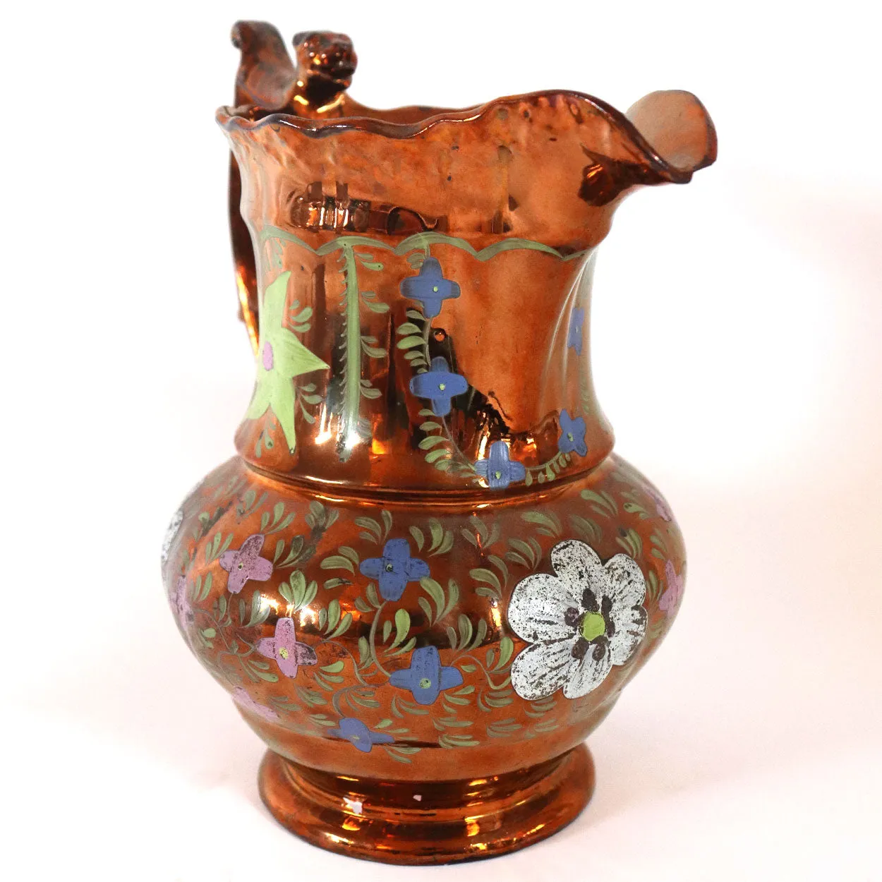 English Staffordshire Enamelled Copper Luster Dog-Handle Pitcher